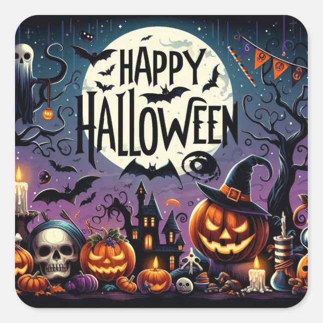 Halloween Night Pumpkins, Skulls & Haunted House Square Sticker (Front)