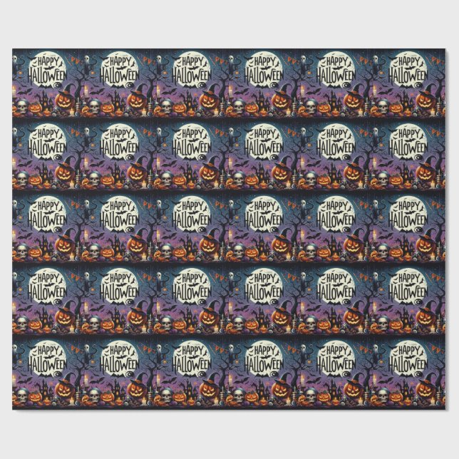 Halloween Night Pumpkins, Skulls & Haunted House Wrapping Paper (Flat)