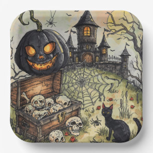 Halloween Night :The Scary Black Pumpkin Guards Paper Plate