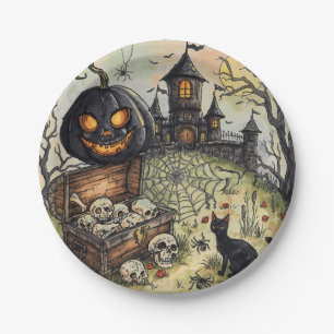 Halloween Night , The Scary Black Pumpkin Guards Paper Plate