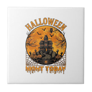 Halloween Night Today Haunted Mansion Pumpkins Owl Ceramic Tile