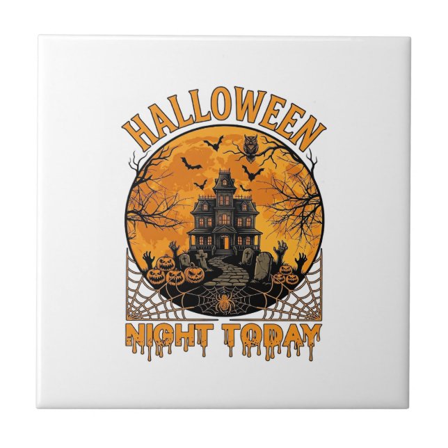 Halloween Night Today Haunted Mansion Pumpkins Owl Ceramic Tile (Front)