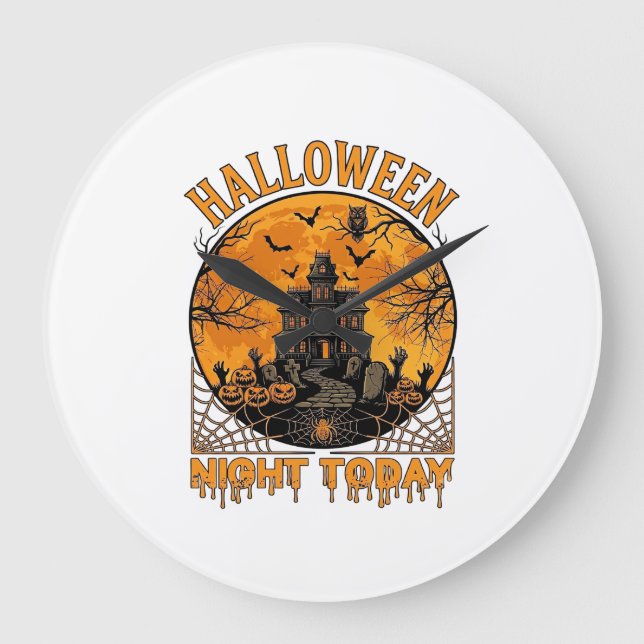 Halloween Night Today Haunted Mansion Pumpkins Owl Large Clock (Front)
