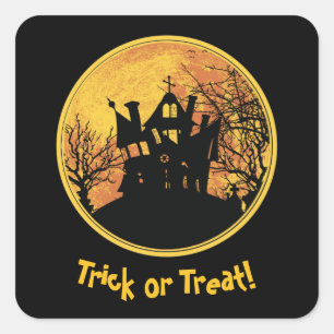 Halloween Night Trick or Treat Full Moon House Square Sticker
