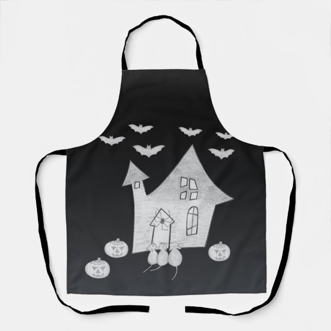 Halloween night with Haunted House, Bats, Pumpkins Apron (Front)