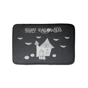 Halloween night with Haunted House, Bats, Pumpkins Bath Mat