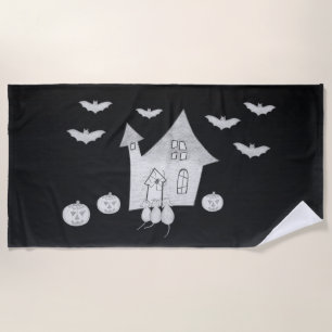Halloween night with Haunted House, Bats, Pumpkins Beach Towel
