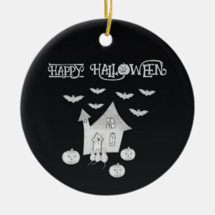 Halloween night with Haunted House, Bats, Pumpkins Ceramic Ornament