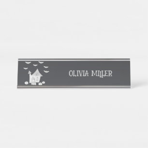 Halloween night with Haunted House, Bats, Pumpkins Desk Name Plate