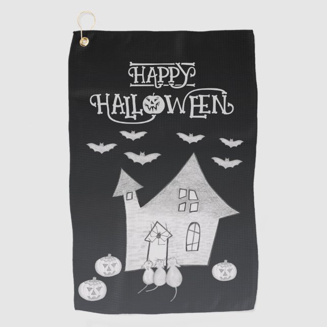 Halloween night with Haunted House, Bats, Pumpkins Golf Towel (Front)