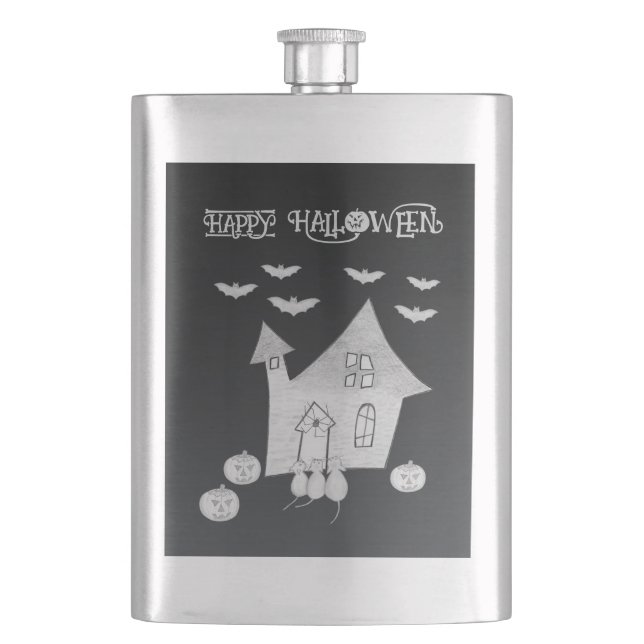 Halloween night with Haunted House, Bats, Pumpkins Hip Flask (Front)