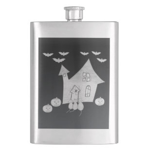 Halloween night with Haunted House, Bats, Pumpkins Hip Flask
