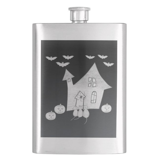 Halloween night with Haunted House, Bats, Pumpkins Hip Flask (Front)