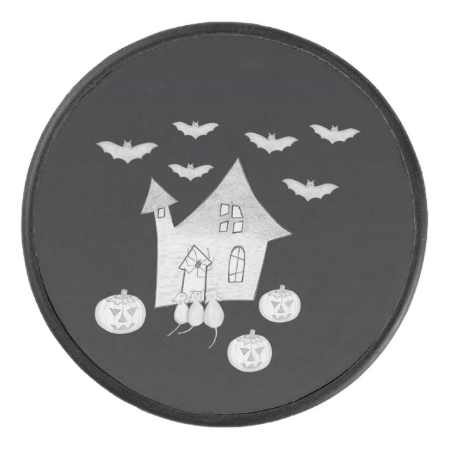 Halloween night with Haunted House, Bats, Pumpkins Hockey Puck (Front)