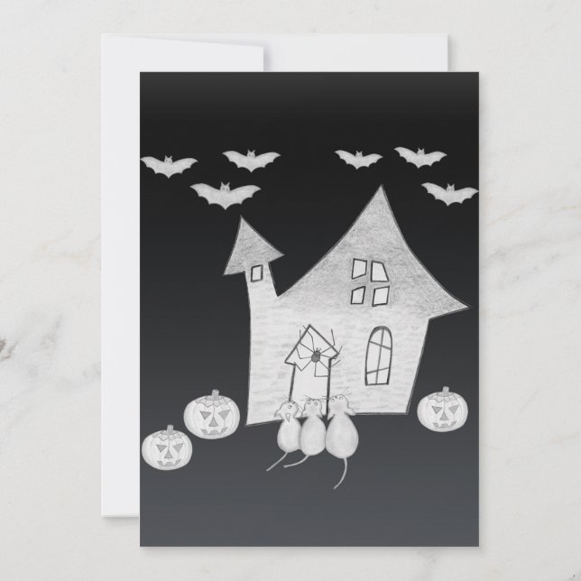 Halloween night with Haunted House, Bats, Pumpkins Invitation (Back)