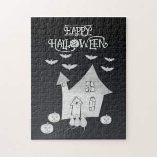 Halloween night with Haunted House, Bats, Pumpkins Jigsaw Puzzle