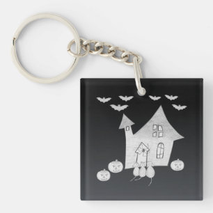 Halloween night with Haunted House, Bats, Pumpkins Key Ring