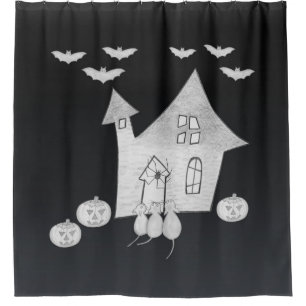 Halloween night with Haunted House, Bats, Pumpkins Shower Curtain