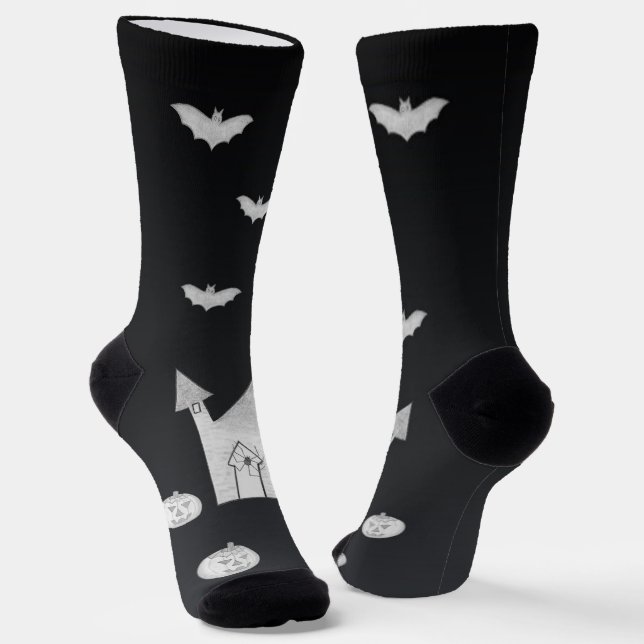 Halloween night with Haunted House, Bats, Pumpkins Socks (Angled)