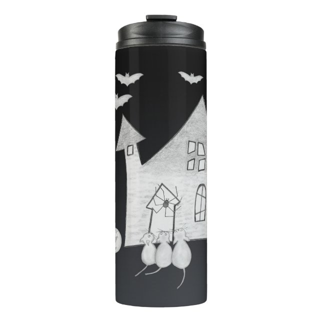 Halloween night with Haunted House, Bats, Pumpkins Thermal Tumbler (Front)