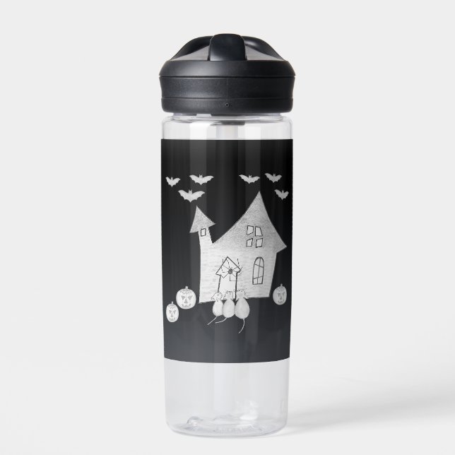 Halloween night with Haunted House, Bats, Pumpkins Water Bottle (Front)