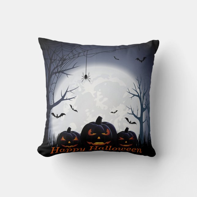 Halloween Night with Pumpkin, Spider & flying Bats Cushion (Front)