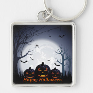 Halloween Night with Pumpkin, Spider & flying Bats Key Ring