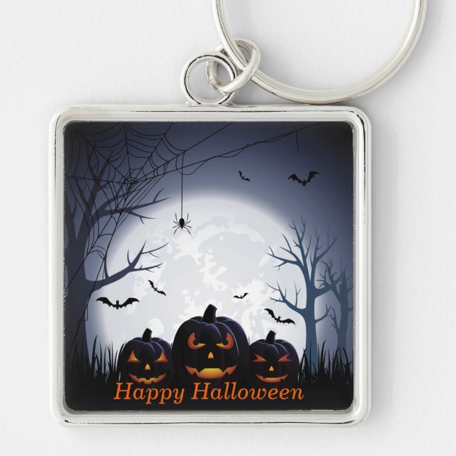 Halloween Night with Pumpkin, Spider & flying Bats Key Ring (Front)