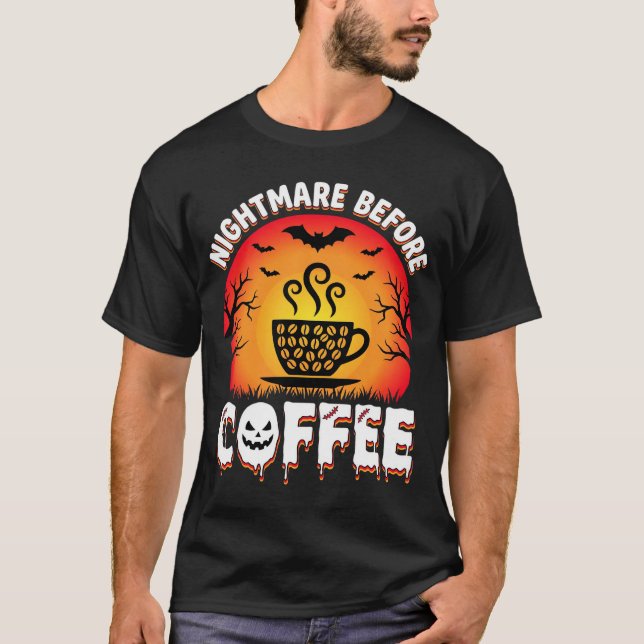 Halloween Nightmare Before Coffee Bat Sunset Graph T-Shirt (Front)