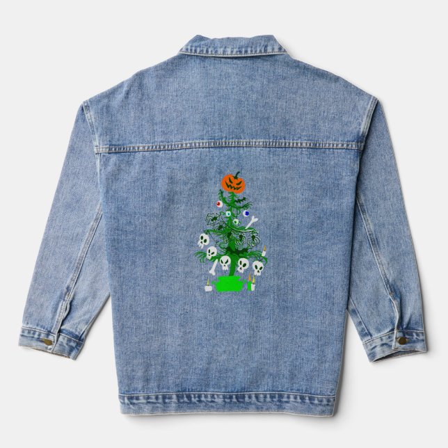 halloween nightmare christmas tree pumpkin  denim jacket (Back)