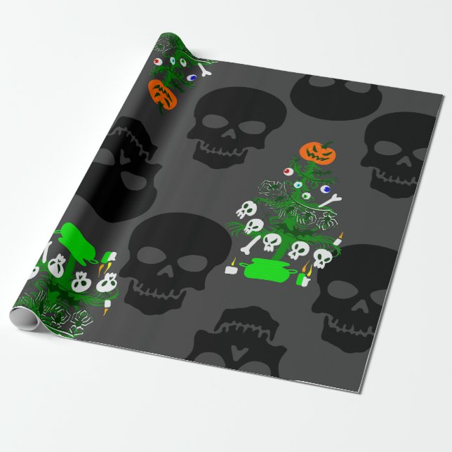  halloween nightmare christmas tree skulls wrapping paper (Unrolled)