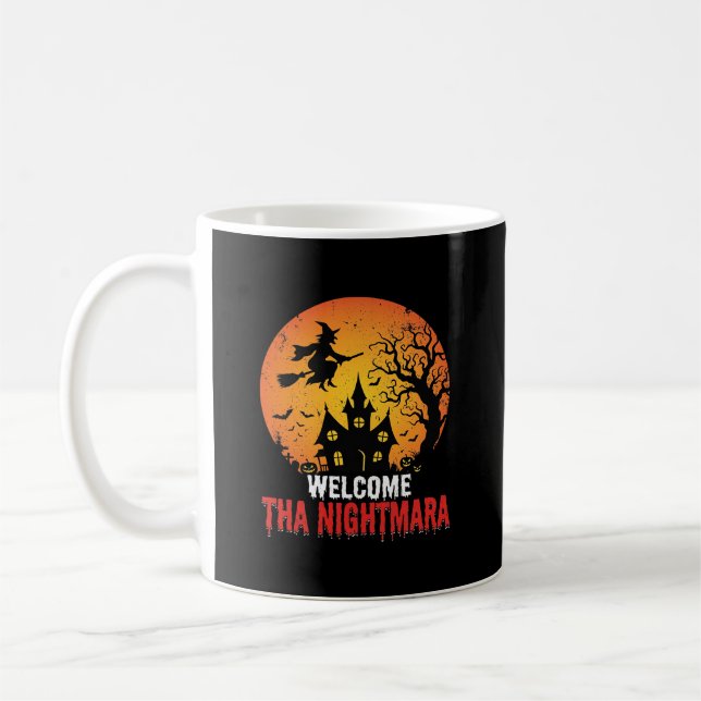 Halloween Nightmare Witch Haunted House Design Coffee Mug (Left)