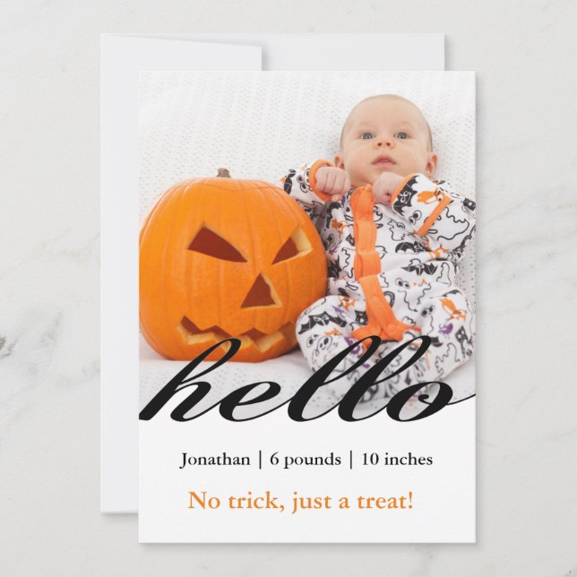 Halloween no trick just a treat baby photo announcement (Front)