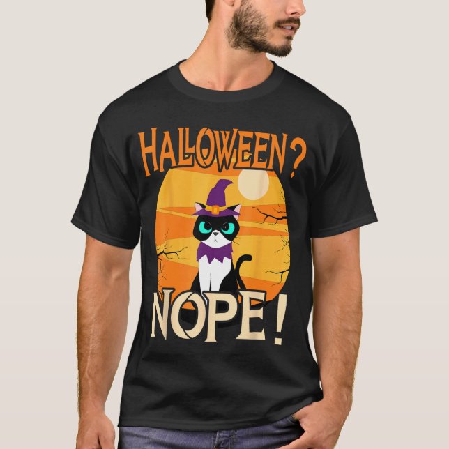 Halloween Nope Funny Grumpy Retro Cat T-Shirt (Front)