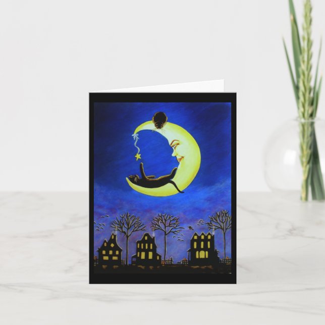 Halloween Note Card, black,cat,Jack-O-Lantern,moon Card (Front)