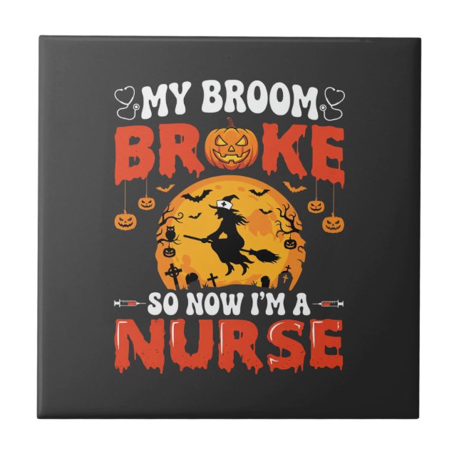 Halloween Nurse Broken Broom Witch Graphic Ceramic Tile (Front)