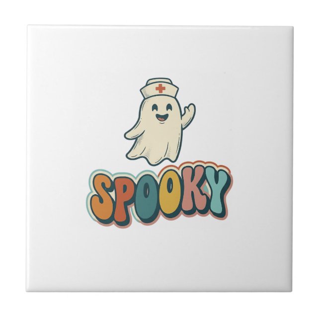 Halloween Nurse Spooky Ghost Retro Funny_1 Ceramic Tile (Front)