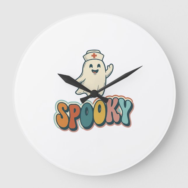 Halloween Nurse Spooky Ghost Retro Funny_1 Large Clock (Front)