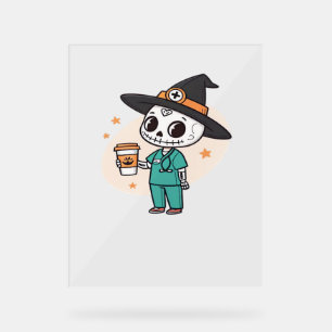 Halloween Nurse with Coffee Wearing Witches Hat Cl Acrylic Sign