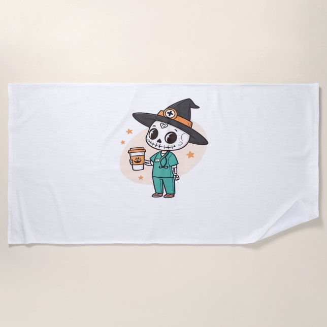 Halloween Nurse with Coffee Wearing Witches Hat Cl Beach Towel (Front)