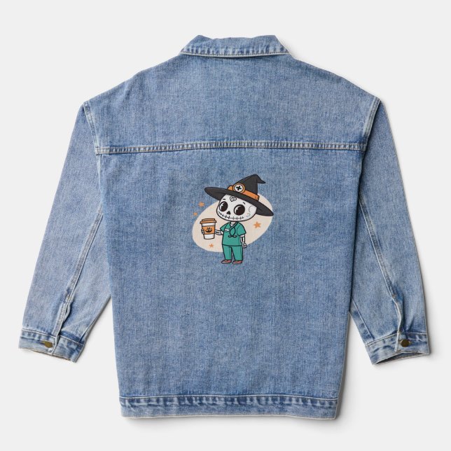 Halloween Nurse with Coffee Wearing Witches Hat Cl Denim Jacket (Back)