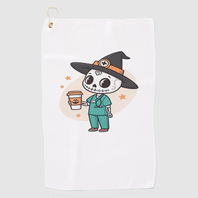 Halloween Nurse with Coffee Wearing Witches Hat Cl Golf Towel (Front)
