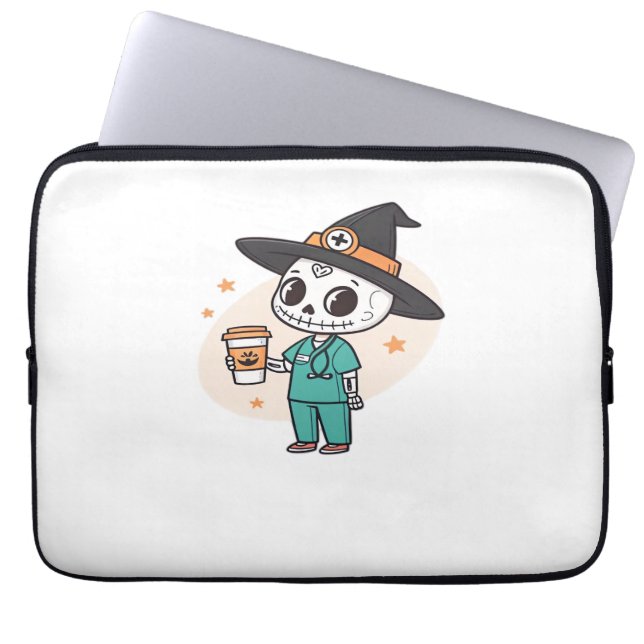 Halloween Nurse with Coffee Wearing Witches Hat Cl Laptop Sleeve (Front)