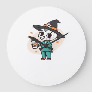 Halloween Nurse with Coffee Wearing Witches Hat Cl Large Clock