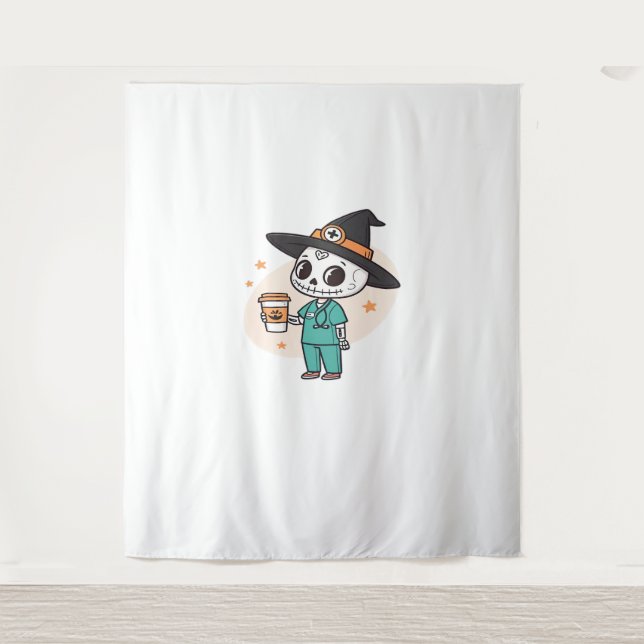 Halloween Nurse with Coffee Wearing Witches Hat Cl Tapestry (Front)