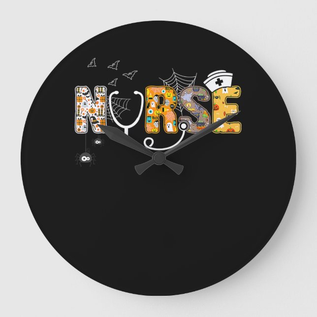 Halloween Nurse With Pumpkin Boo Spider Witch Large Clock (Front)
