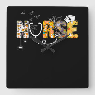 Halloween Nurse With Pumpkin Boo Spider Witch Square Wall Clock