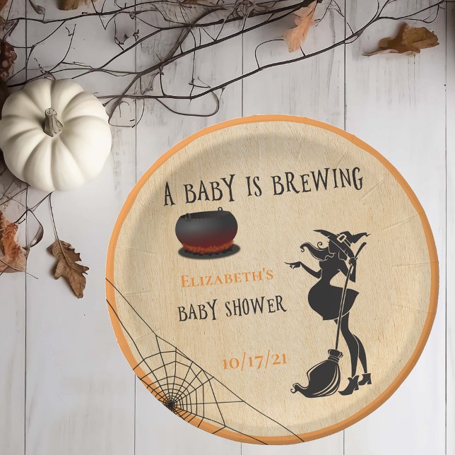 Halloween October Witch Baby is Brewing Shower Paper Plate (Creator Uploaded)