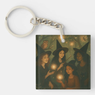 Halloween Oil Painting of Witches in the Woods Key Ring