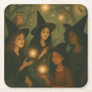 Halloween Oil Painting of Witches in the Woods Square Paper Coaster